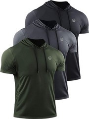 Men’s Running Shirt Mesh Workout Athletic Shirts with Hoods,5084,3 Pack,Black…