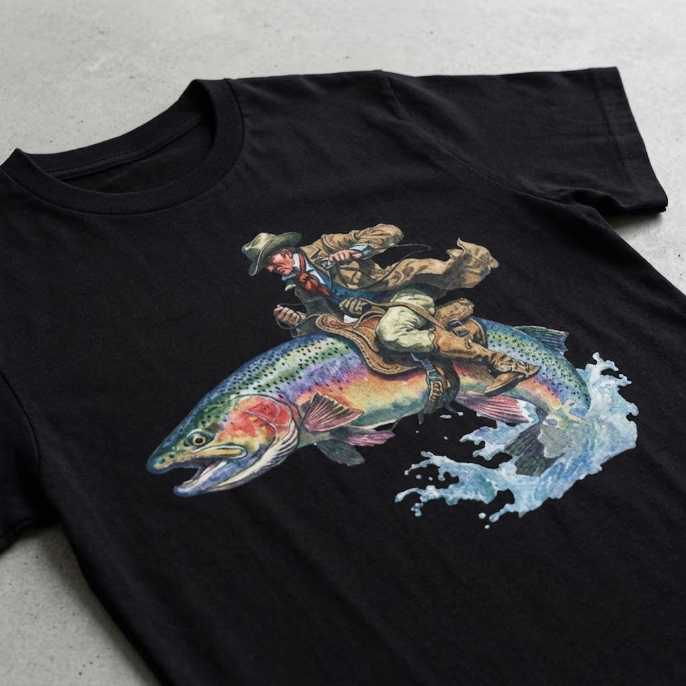 NEW!! Western Cowboy Riding Fish T-Shirt Funny Rainbow Trout Graphic Tee
