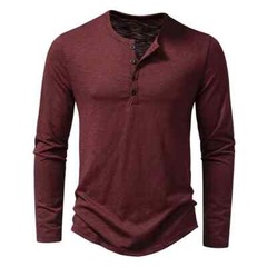 Men’s Shirt Cotton Henley Neck T-Shirts Long Sleeve Casual Button Plain 25% OFF