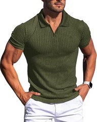 Mens Slim Fit Ribbed Knit Polo Shirt Short Sleeve V Neck Casual Muscle Tee Top