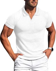 Mens Slim Fit Ribbed Knit Polo Shirt Short Sleeve V Neck Casual Muscle Tee Top