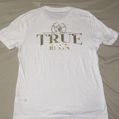 TrueReligion Tshirt Mens•M White Gold Monk Buddha Embossed Logo Graphic CrewNeck
