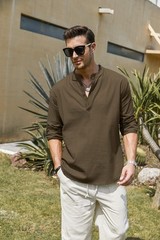 Men’s Cotton Hemp Long Sleeve Casual Beach Henley Shirt(BROWN,XL)