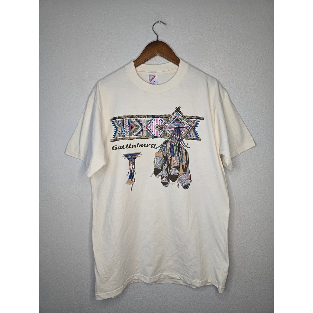 Vintage Gatlinburg Shirt Tribal Native Art Outdoor Elk Graphic Cream L Tee