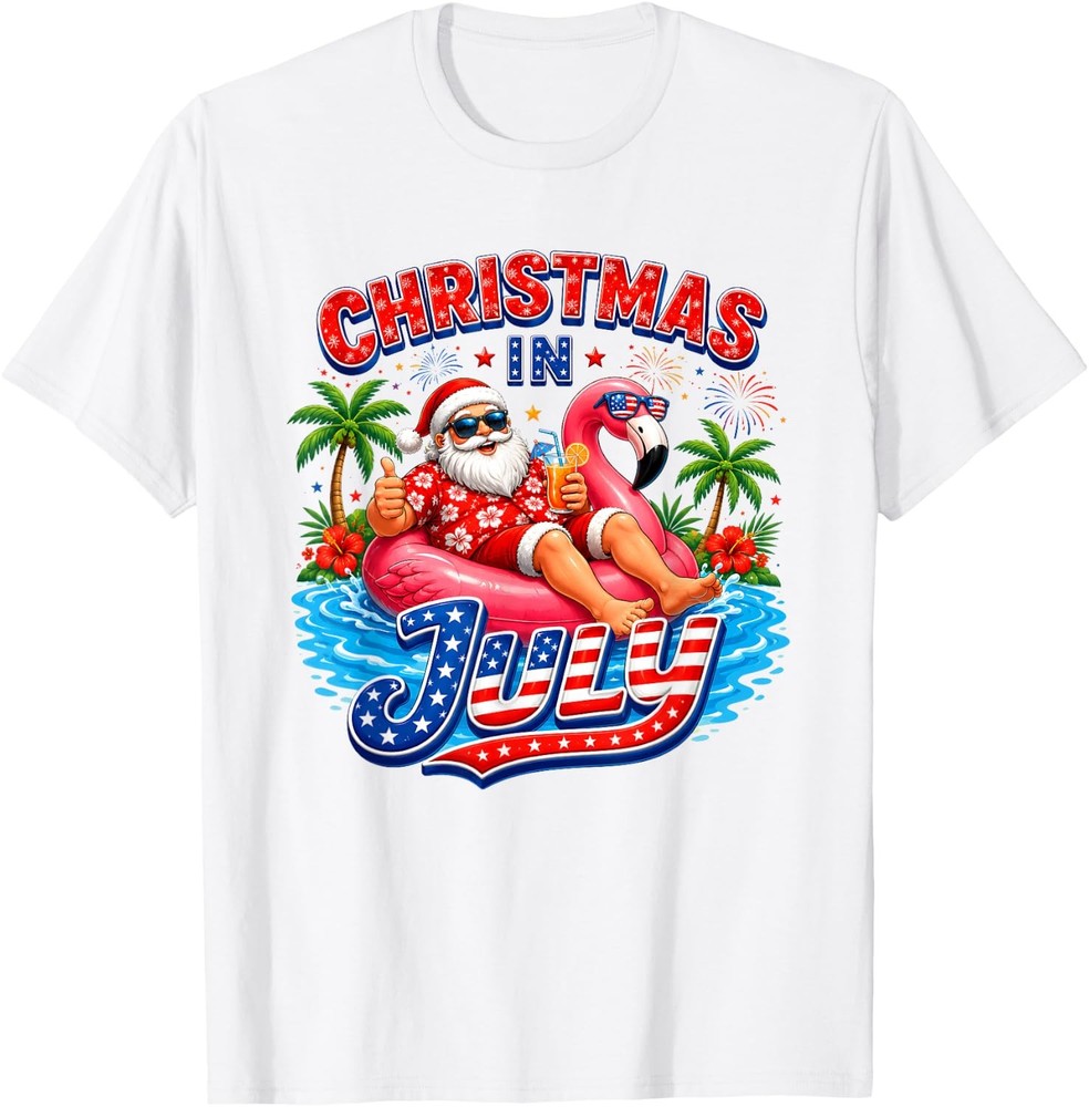 Christmas in July T-Shirt Santa Flamingo Summer Beach Party Tee
