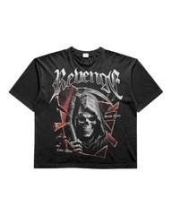 Men’s Vintage Washed Graphic T-Shirt Grim Reaper Mirror Print Streetwear Tee