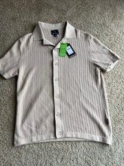 Ben Sherman Knit Polo Shirt Mens Medium Oatmeal Textured Button Front Resort NWT