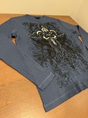 MMA ELITE Men’s X-Large Blue Waffle Knit Long Sleeve T-Shirt Graphic Skulls
