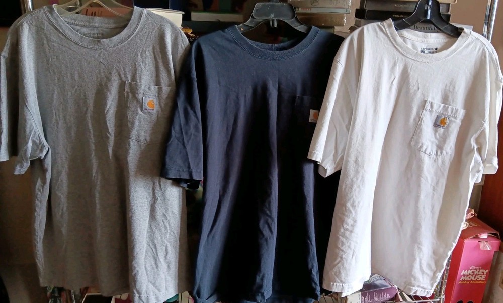 Three (3) Carhartt Loose Fit Pocket T-Shirts Mens Size L Black White Gray