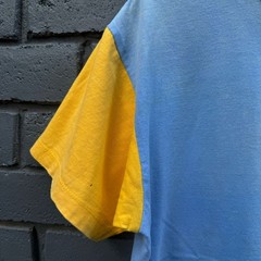 VTG Sunshine T shirt Racing Graphic Print Colorblock Blue Yellow L Short Sleeves