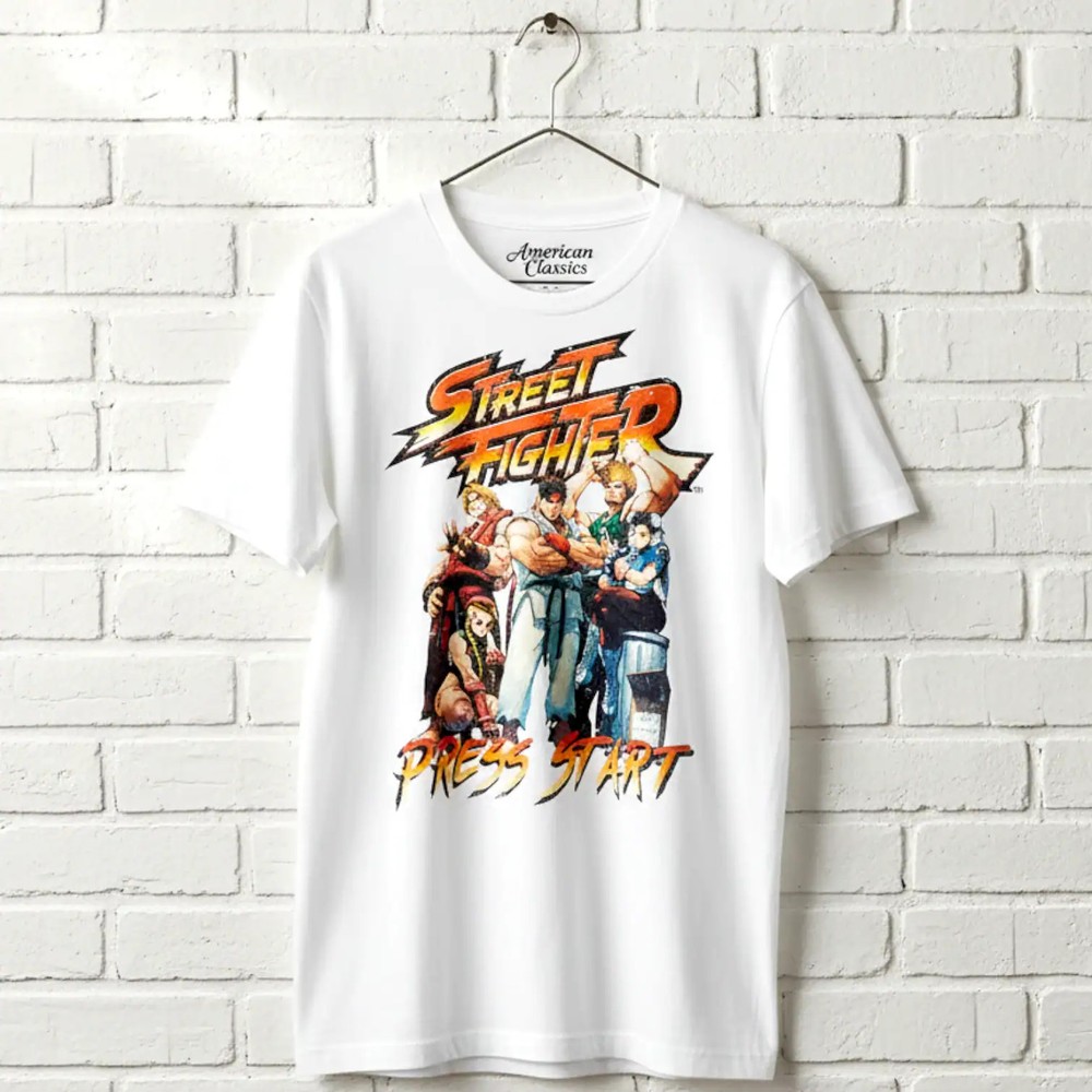 Street Fighter Press Start Men’s T Shirt Cammy Guile Ryu Chun-Li Capcom Merch
