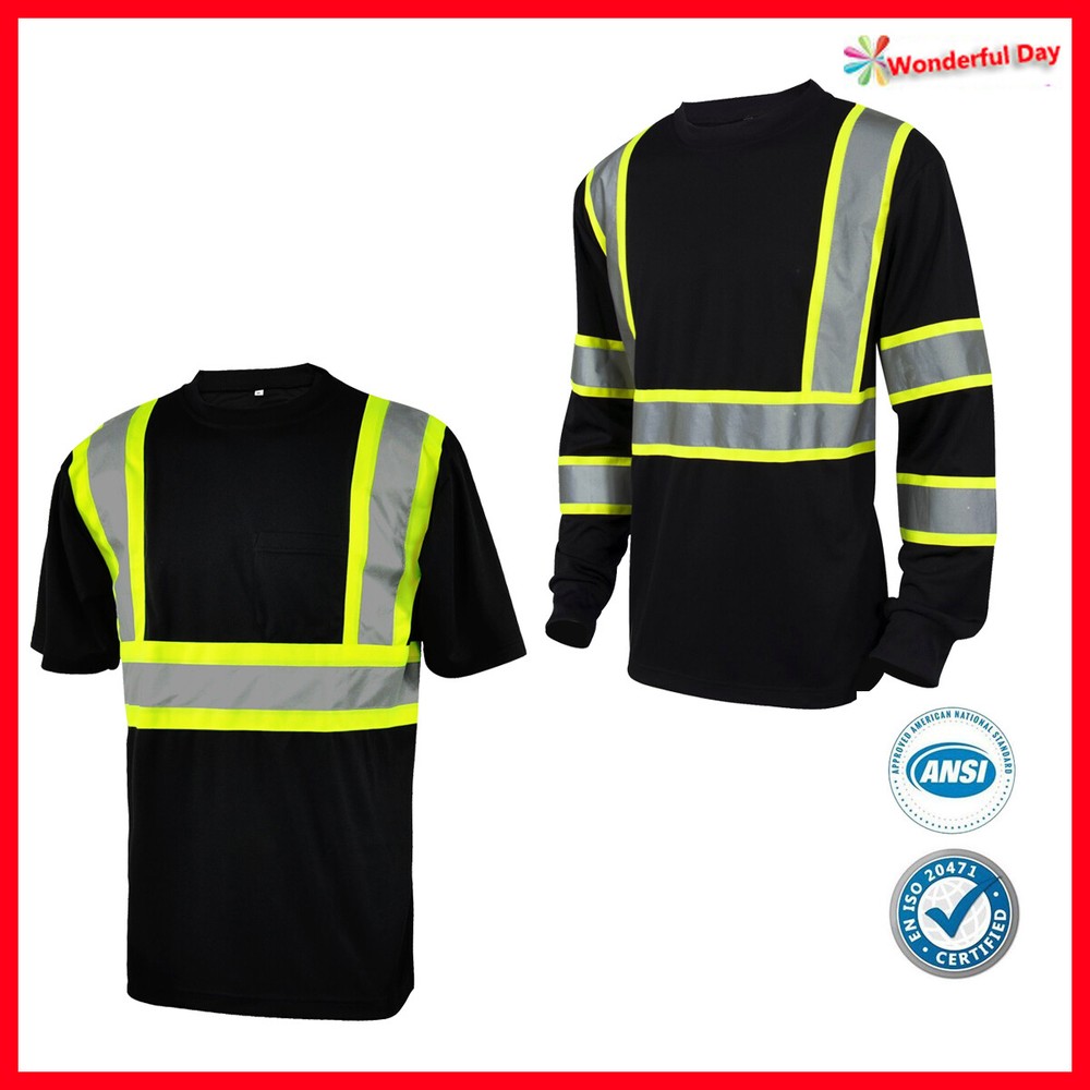 L&M Hi Vis T Shirt Reflective Safety Black Short Long Sleeve HIGH Visibility