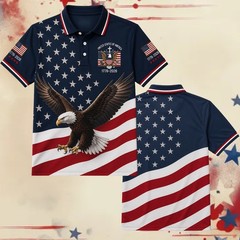 250 Years Bald Eagle US Flag Golf Polo, Patriotic 4th Of July Shirt (S-5XL)