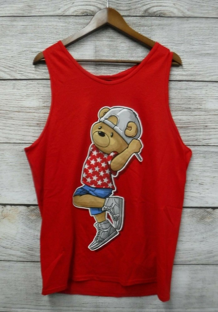 Hard Ten Shirt Mens Size Large Red Hipster Star Bear Graphic Skinny Tank New