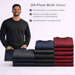 24 Pack Men’s Long Sleeve T-Shirts 2XL Dark Colors Cotton Blend Bulk Tees