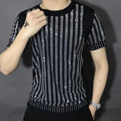 New Men Luxury Diamond Rhinestones Fashion Black T-Shirt High Quality