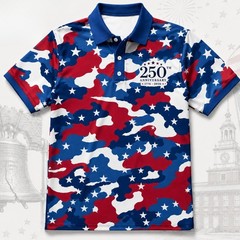 Red White Blue Camo Golf Polo, USA 250th Anniversary 1776-2026 Patriotic (S-5XL)