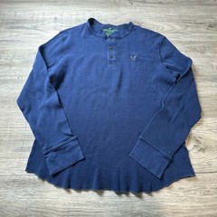 American Eagle Henley Mens Large Blue Waffle Knit Long Sleeve Thermal Shirt