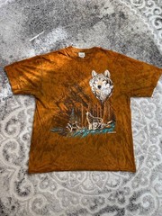Vintage 90s Ragtop Sportswear Wolf Nature T-Shirt Brown Tie Dye Made in USA