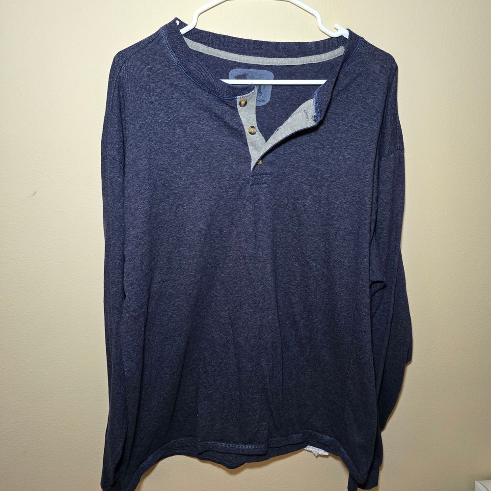 Hanes Men’s Long Sleeve Beefy Henley Shirt – Heather Navy- size XL