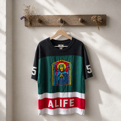 ALIFE NYC Embroidered Stained Glass Virgin Mary Jersey Shirt Size L Rare Hype