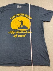 Crazy Dog Fishing T-shirt Men L Gray Blue Can’t Work Today, My Arm is in a Cast