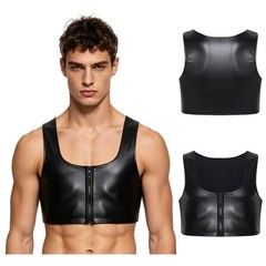 Mens PU Leather Tank Square Neck Zipper Sleeveless Matte Faux Leather Crop Top