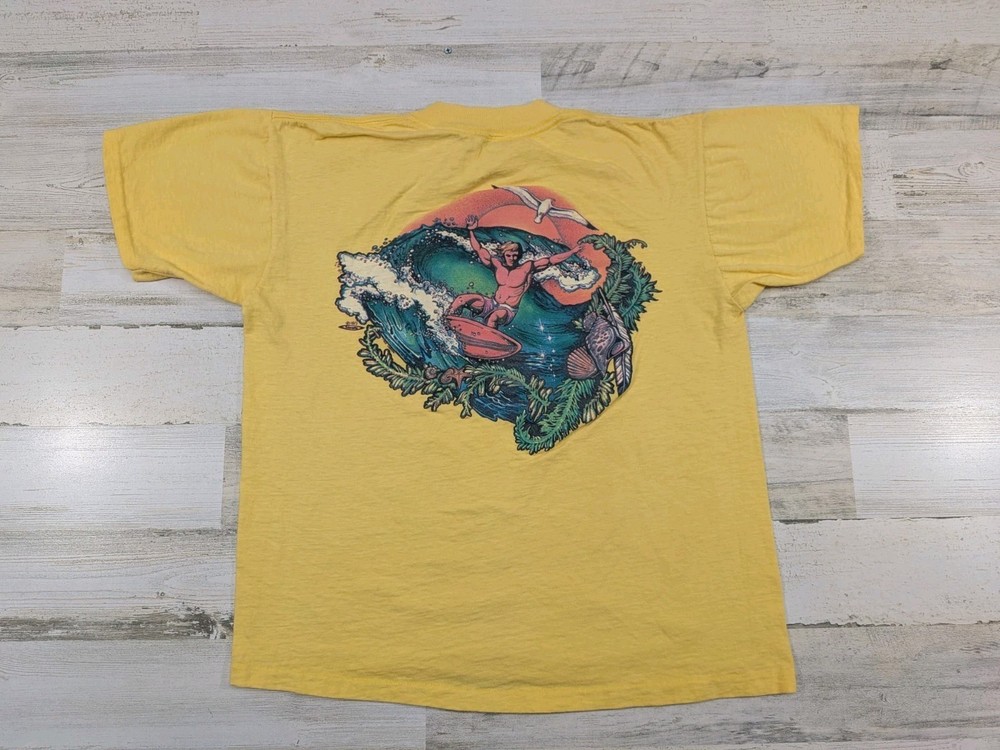 Vintage 70s Single Stitch Shirt Mens Large Yellow Surfer Graphic Double Sided