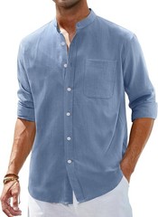 Men’s Linen Button Down Shirt Long Sleeve Band Collar Casual Beach Top