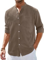 Men’s Linen Button Down Shirt Long Sleeve Band Collar Casual Beach Top