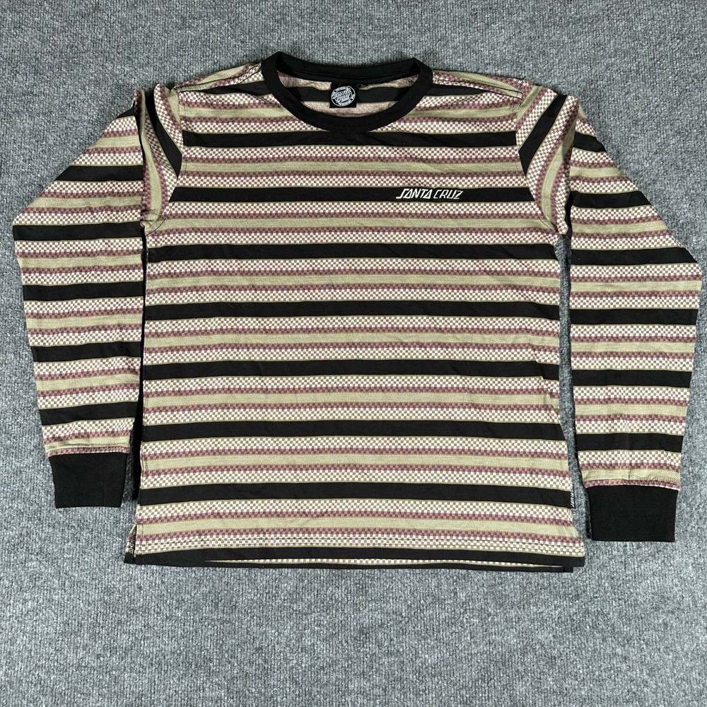 Santa Cruz T-Shirt Mens Size S Black Multi Striped Checkered Long Sleeve Cotton