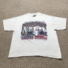 Vintage Yankees Braves 1999 World Series T-Shirt Mens XL Cropped White Lee 1990s