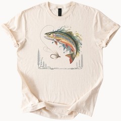 Trout Fishing Graphic Tee Natural Color Fish Art Outdoor Sport Shirt