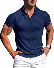 Mens Slim Fit Ribbed Knit Polo Shirt Short Sleeve V Neck Casual Muscle Tee Top