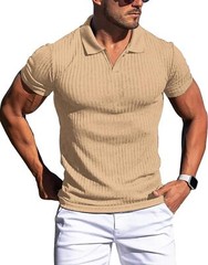Mens Slim Fit Ribbed Knit Polo Shirt Short Sleeve V Neck Casual Muscle Tee Top