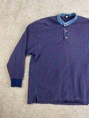Vintage Lands’ End Henley T-Shirt Mens XL Cotton Stripes Ribbed Long Sleeve Blue