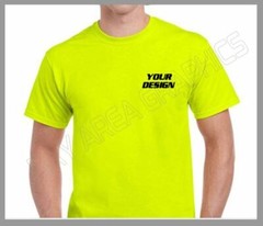 HI-VISIBILITY T-SHIRT SAFETY YELLOW CUSTOM DESIGN/TEXT FRONT&BACK BLACK DESIGN