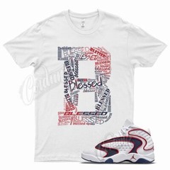 White BLESSED T Shirt for J1 OG Midnight Navy University Red Flint 13 Bred