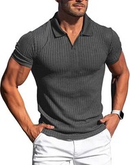 Mens Slim Fit Ribbed Knit Polo Shirt Short Sleeve V Neck Casual Muscle Tee Top