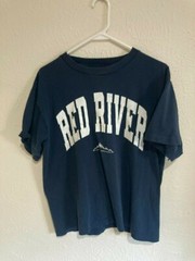 VINTAGE EAGLE PRODUCTS M/L NAVY BLUE RED RIVER NEW MEXICO GRAPHIC SKI TEE COTTON