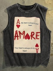 Mens Washed Black Ace of Hearts Amore Print Sleeveless Tank Top