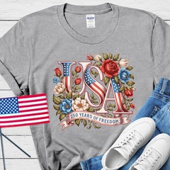 USA 250th Anniversary Floral Shirt, Patriotic Botanical American Flag