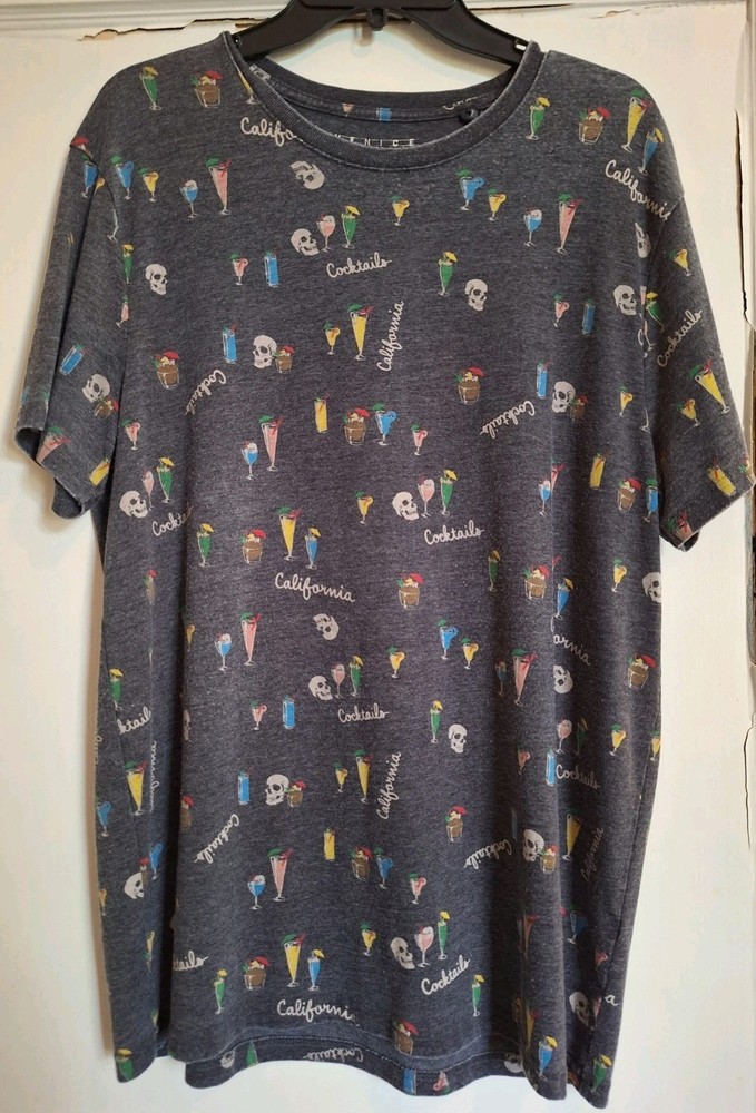Lucky Brand Venice Burnout Unisex T-shirt Dk Gray With Drinks/Skulls Print Sz L