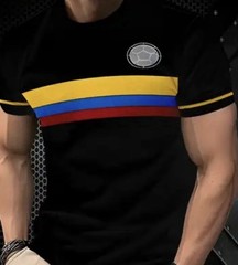 Men’s Black Crew Neck Short Sleeve T-Shirt L Polyester Multicolor Stripe Logo