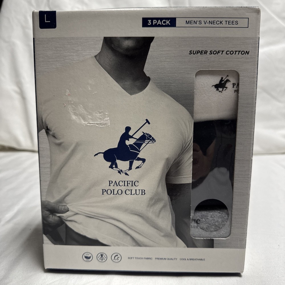 Pacific Polo Club Men’s V-Neck Tees Large Assorted Box of 3 Pack Breathable NIB