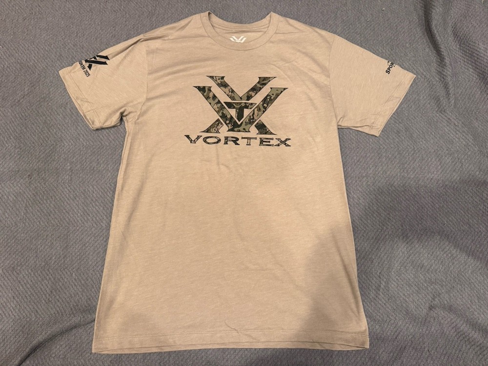 Vortex Unisex T-Shirt -Size Small Tee – Tan – Tagless Collar – Soft Fabric!
