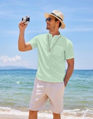 Men’s Casual Cotton Linen Henley Shirts Beach with Pocket Light Green L