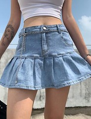 Women’s Pleated Jean Skirt Casual A-Line Ruffle Y2K Mini Denim Skirt LightBlue-L