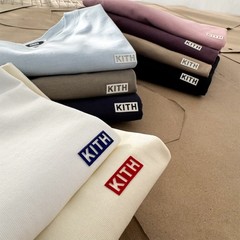 Kith Simple Flocked Small Box Logo Loose Neck Solid Color Short Sleeve Couple