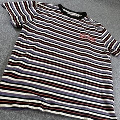 Welcome Striped T Shirt Mens Medium Purple Black Streetwear Graphic Tee